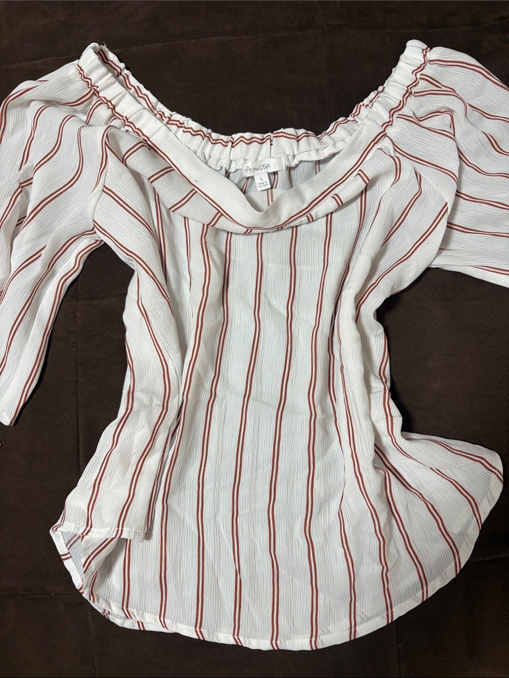 White Off-Shoulder Top with Rust Stripes